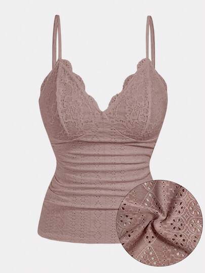 Lyrianda Plus Size Women Solid Lace Bustier Bust Ruched Slim Fit Schiffy Cami Top , Summer