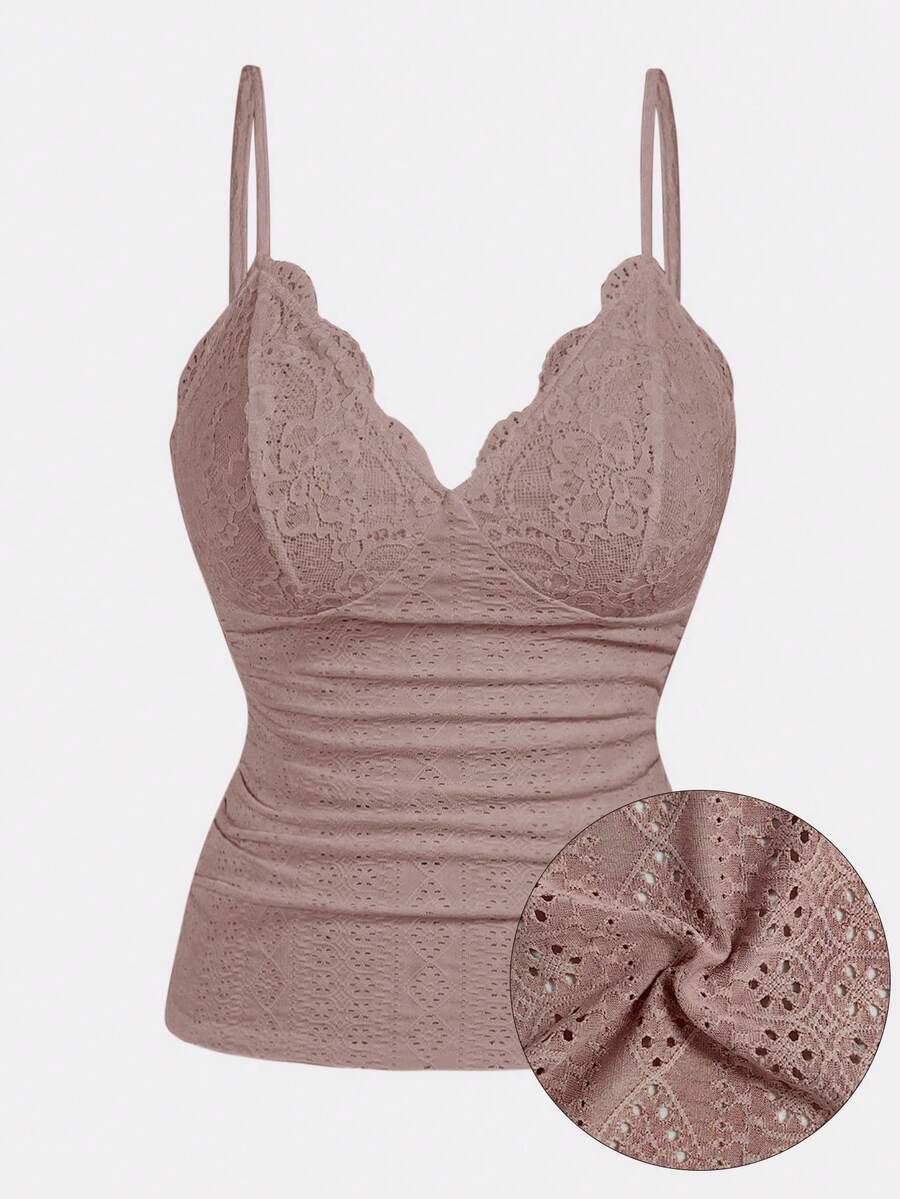 Lyrianda Top de tira slim fit de encaje con pliegues en el busto, talla grande, verano - Rosa - Ver 1