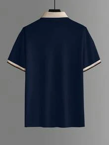 Calvornis 男士大尺碼珠地針織刺繡休閒短袖正式 Polo 衫，儀式適用 - 藏蓝色 - 查看 2