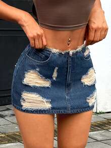 SHEIN PETITE Váy denim rách dành cho nữ cỡ nhỏ - Màu xanh lam - Xem 2
