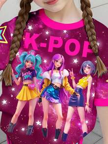 少女返校季卡通女孩运动风紫色和黑色撞色套装，K-Pop 超级明星，轻松休闲，春日气息，梦幻星空，少女简约休闲短袖上衣和打底裤两件套，韩式风格，返校季，舒适百搭，时尚童装，春夏穿搭，舒适百搭，时尚女孩，休闲装，婴幼儿印花上衣，夏季新款，春夏时尚，校园休闲运动风，户外野餐，街头风，校园 - 彩色 - 查看 4