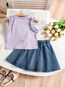 SHEIN 2 Stück/Set Kleinkind Mädchen Süßer Rundhals 3D Blumen Dekor Gerippter Ärmellos Top und Denim Rock mit Stickerei Plissee, Süß & Lieblich Sommer Outfit - Violett - Übersicht 2