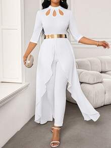 SHEIN Lady Women's Fashionable Elegant White Petal Collar Hollow Out Design Short Sleeved Jumpsuit With Asymmetrical Leaf Hem - White - View 5