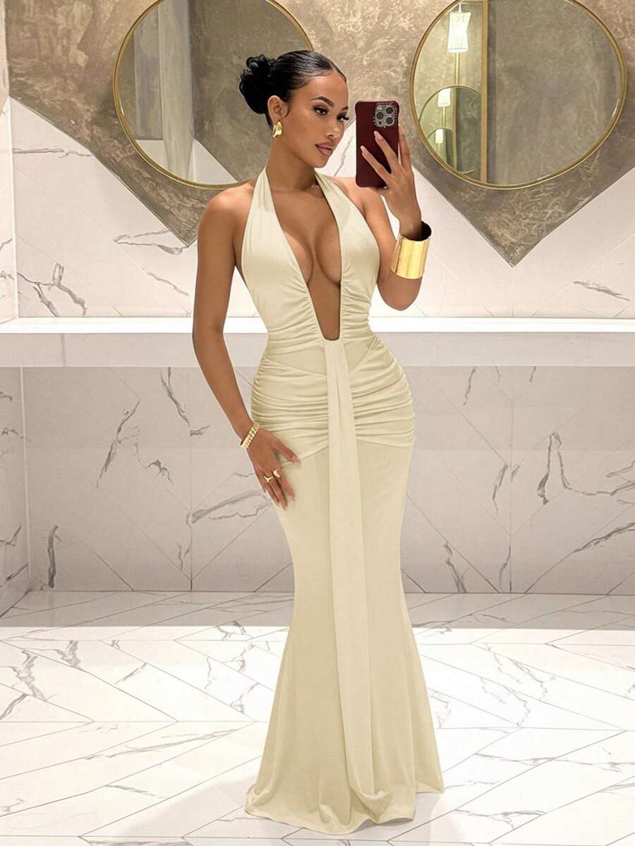 Slaydiva 2025新款优雅深V领美人鱼连衣裙,适合派对、生日、酒吧、夜店、情人节、万圣节、圣诞节等场合 - 棕色 - 杏色 - 查看 1