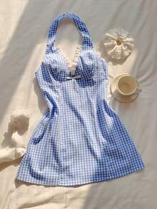 Comfortcana 2026 New Arrival Spring/Summer Women's Plaid Textured Halter Backless Mini Dress Party Picnic For Ladies Holiday Outfits Blue And White Cute - Blue - View 3
