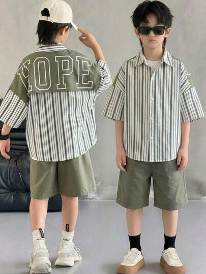 SHEIN 2-Pack Tween Boy Casual Sports College Literary Retro Japanese And Korean Loose-Fitting Striped Lapel Shirt With Large Letter Pattern And Shorts Suit Suitable For Kids Outfits Toddler Boy Clothes Back To School Boys Set Suitable For Birthday Parties, Evening Parties, Performances, Weddings, Baptisms, Opening Ceremonies Daily Suitable For Daily Use Suitable For School Suitable For Travel Suitable For Sports Suitable For Spring And Summer Seasons