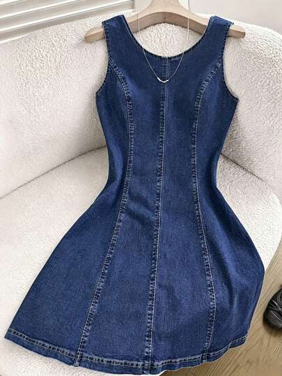 SHEIN Vestido vaquero sin espalda para niñas, vestido mini azul, vestido vaquero sin mangas, vestido casual de verano para niñas, vestido vaquero con cuello redondo sin espalda y lazo para niñas, ropa de verano para niñas, vestido de vacaciones de verano para niñas, estilo campestre, ropa urbana para mujer, moda Y2K, estilo retro, vestido casual de negocios