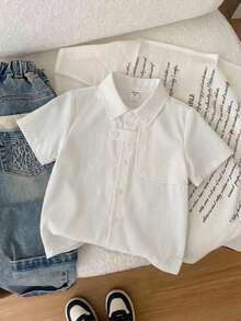 SHEIN 儿童/男童休闲多功能实用口袋纯色梭织衬衫，适合上学、花园、海滩、生日、春、夏、秋、冬等场合穿着。 - 白色 - 查看 4