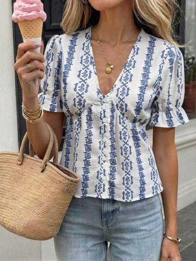 Pariaura Elegant Commuter Ceiling | Blue & White Floral Print V-Neck Cinched Waist Front Button Shirt, Exuding Mature Feminine Vibe Women's Summer Blouse Blouse For Women Casual Boho Tops For Women French Style Blouse Women's Shirts For Summer Blouses For Women Summer Blouse For Women Casual Modern Casual Summer Outfits For Woman Greece Vacation Outfits Women