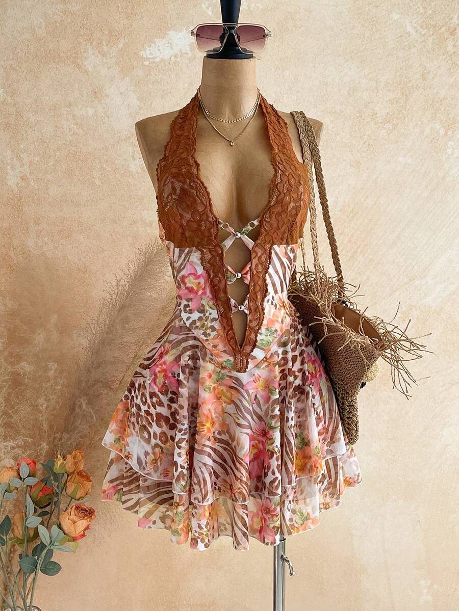 Soleia Women's Lace Patchwork Floral & Zebra Print Halter Tie Neck Mini Dress - Multicolor - View 1
