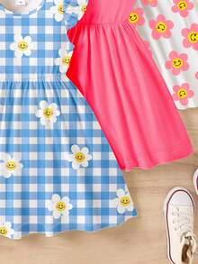 SHEIN Elladie kids 3件套女童碎花格子印花喇叭袖A字连衣裙，甜美可爱，适合夏季户外穿着 - 彩色 - 查看 3
