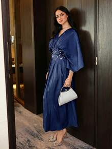 Modelyn 新款腰部褶皱优雅水钻装饰浪漫奢华宴会轻盈正式礼服 - 藏蓝色 - 查看 5