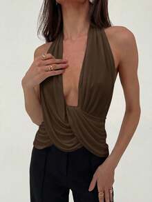 Aloruh Blusa sin mangas con cuello drapeado, estilo artístico y divino para mujer, nueva colección primavera/verano - Café integral - Ver 3