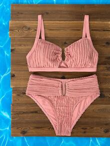 Swim Chiccia 2026女款新款純色抓皺紋理金屬扣高腰兩件式比基尼泳衣 - 粉色 - 查看 2