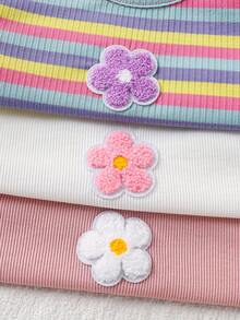 Emery Rose Kids Set de 3 camisetas casuales de niña con cuello redondo de unicolor, rayas y flores 3D tejidas - Multicolor - Ver 9