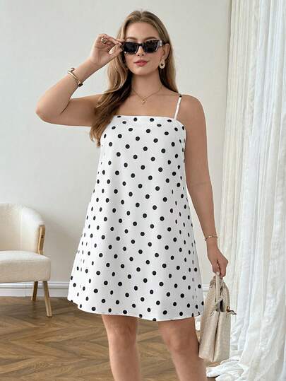 SHEIN LUNE 大码女式吊带无袖波点系带腰身夏季迷你连衣裙 女式波点迷你吊带连衣裙，后背系带细节 夏季连衣裙 春季连衣裙 女式复活节连衣裙 女式沙滩连衣裙