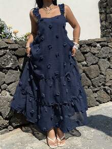 Sunnyshic Plus Size Square Neck Spaghetti Strap A-Line Dress, Vacation Style - Navy Blue - View 1
