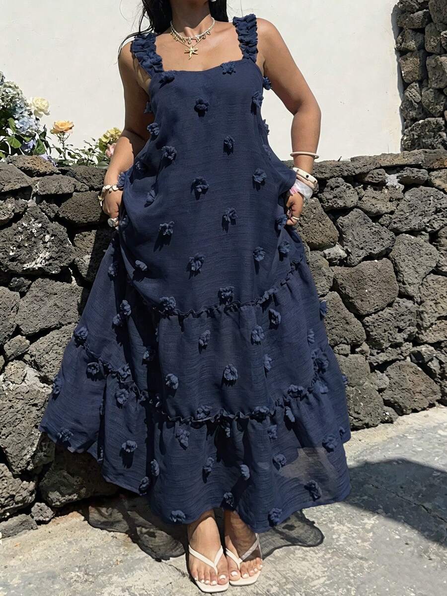 Sunnyshic Plus Size Square Neck Spaghetti Strap A-Line Dress, Vacation Style - Navy Blue - View 1