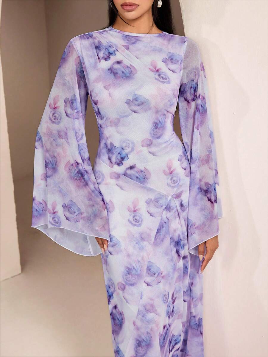 Veilorie Vestido elegante de manga abullonada con cuello oblicuo y bajo asimétrico en color amarillo mostaza - Multicolor - Ver 1