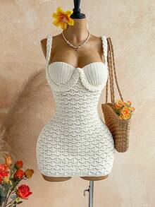 SHEIN WYWH Đầm ngắn dệt kim dành cho nữ đi nghỉ mát - Màu be - Xem 3