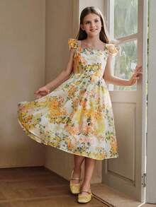 Anewsta Đầm dài mùa hè bằng vải chiffon in hoa cho bé gái - Nhiều màu - Xem 1