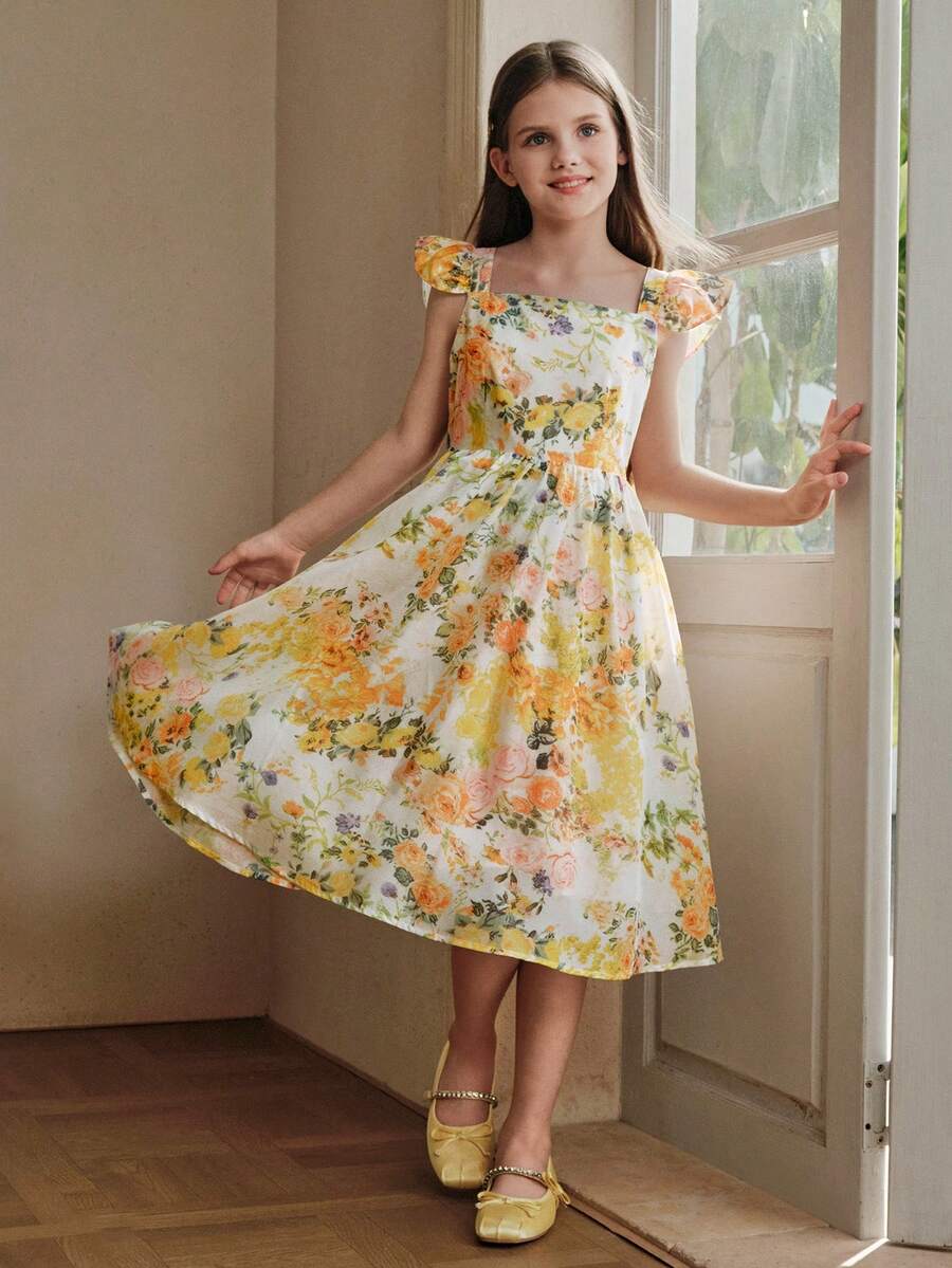 Anewsta Đầm dài mùa hè bằng vải chiffon in hoa cho bé gái - Nhiều màu - Xem 1