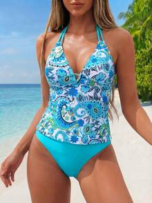 Swim Lushoire 2件套女士佩斯利印花吊带泳衣，夏季沙滩泳装 - 彩色 - 查看 3