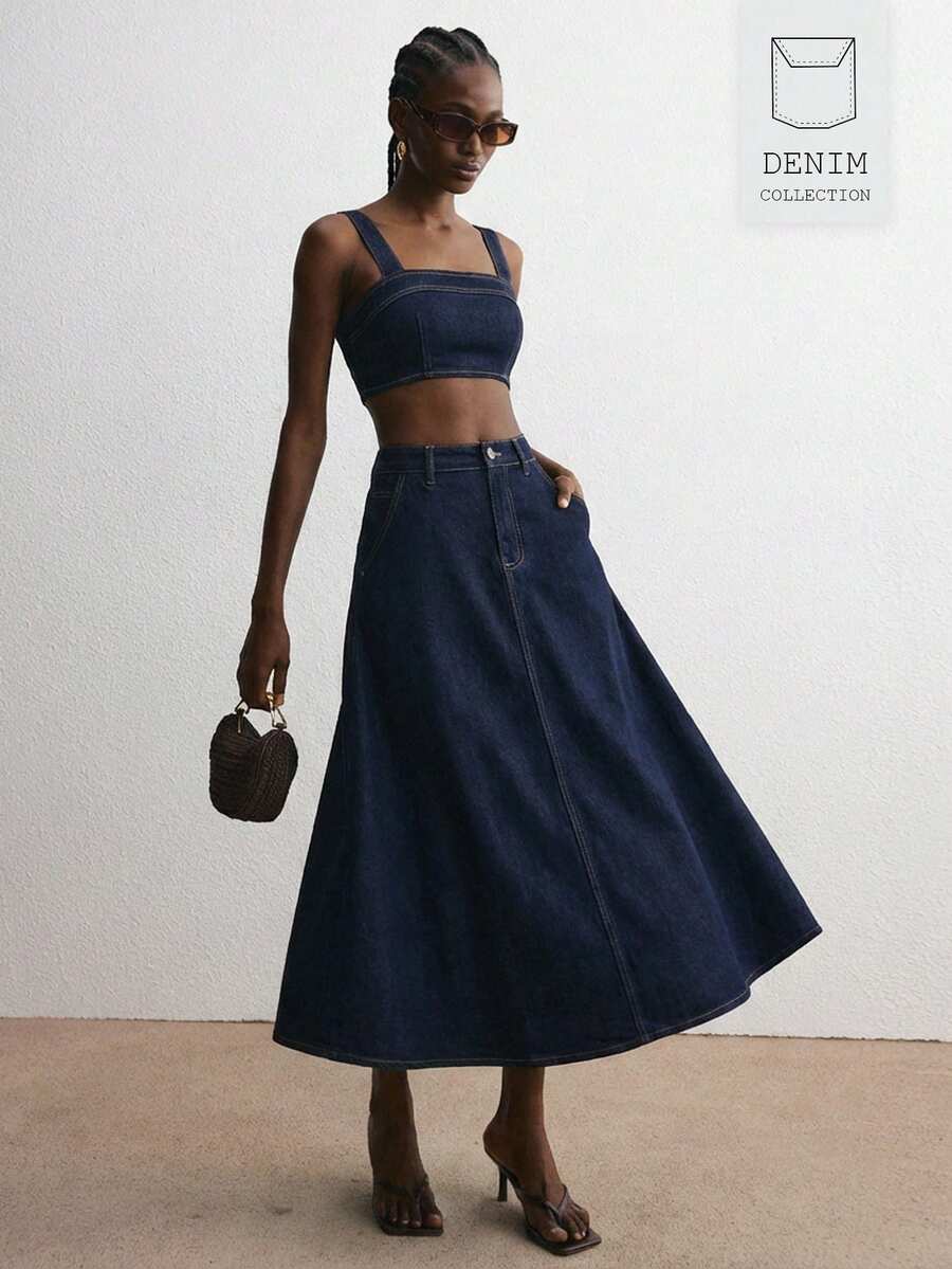 ATUI Studio Women's Denim Vest & Mini Skirt Set – Relaxed Versatile Two Piece Outfit For Summer Beach & Vacation - Blue - View 1
