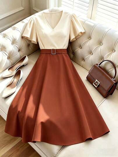 GlowEve Nuevo vestido midi elegante y casual para mujer con cuello en V, mangas con volantes, hebilla decorativa y cintura ceñida, para primavera/verano