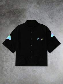Manfinity RebelGame Men's Street Style Letter Print Single-Breasted Shirt - Black - View 2