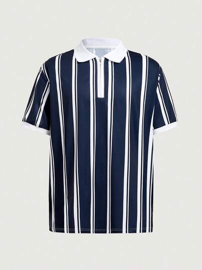 Courvante Men's Striped Polo Shirt With Collar, Short Sleeve Royal Blue, Suitable For Outings, Office Wear, For Golf Tennis, Preppy Fashion Casual, Father's Day Gift For Father & Boyfriend, Outfits For Men