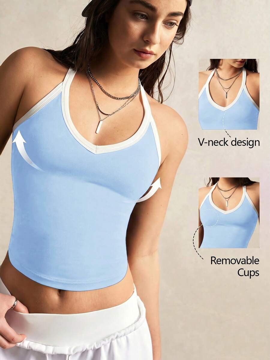 VARSIVA Contrast Color Trim Backless Sleeveless Fitted Casual Fitness Sports Tank Top For Summer - Blue - View 1