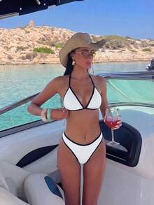 Bonvoyette Contrast Color Trim Tankini Swimwear Set - Black and White - View 1