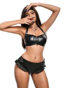 SHEIN Conjunto de 2 piezas con escote con lazo y volantes sin tirantes sexy para mujer - Negro - Ver 4