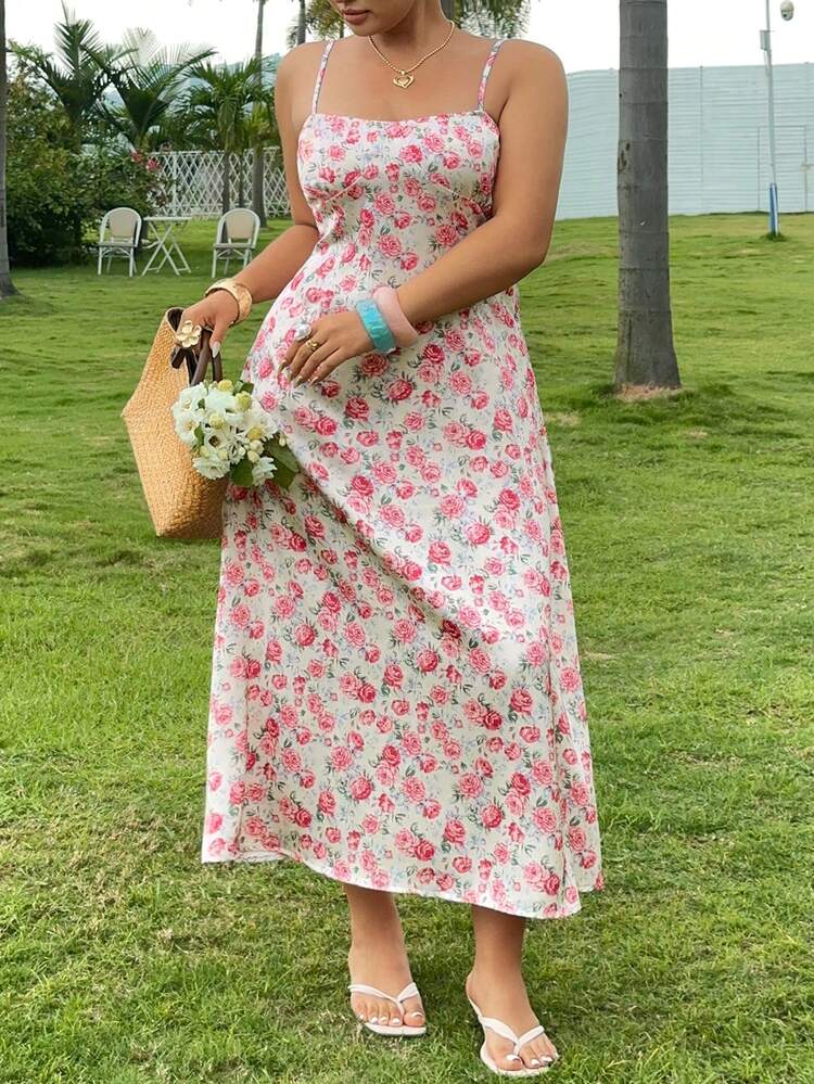 Dazy Plus Plus Size Ditsy Floral Waist Cinched Dress, Suitable For Vacation, Date, Beach, Spring/Summer