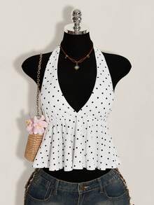 SHEIN ICON Áo hai dây cổ yếm viền bèo nhún in họa tiết chấm bi dành cho nữ - trắng - Xem 1