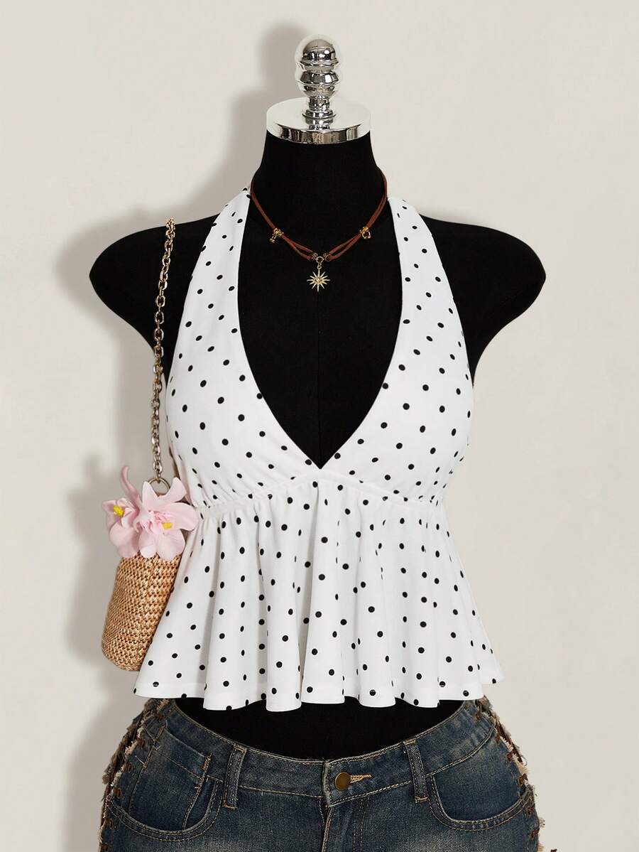 SHEIN ICON Áo hai dây cổ yếm viền bèo nhún in họa tiết chấm bi dành cho nữ - trắng - Xem 1