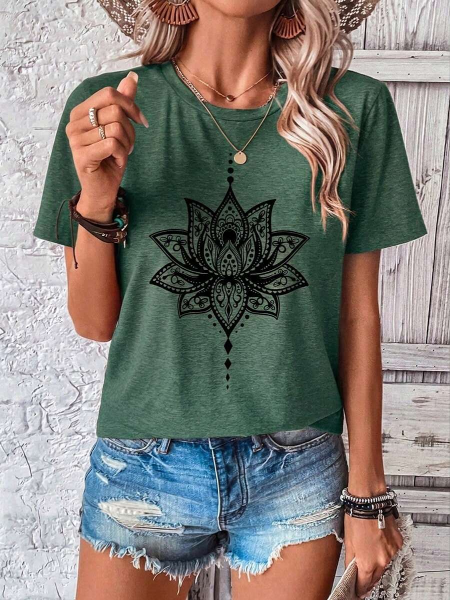 EMERY ROSE Camiseta ajustada de manga corta con cuello redondo y gráfico minimalista de loto, adecuada para el verano, tallas grandes para mujeres - Verde - Ver 1