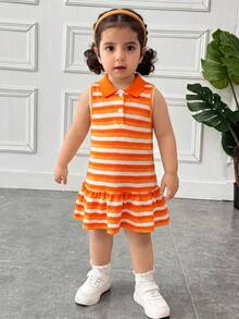 SHEIN Đầm mùa hè dáng rộng kẻ sọc xếp nếp không tay cho bé gái - trái cam - Xem 3