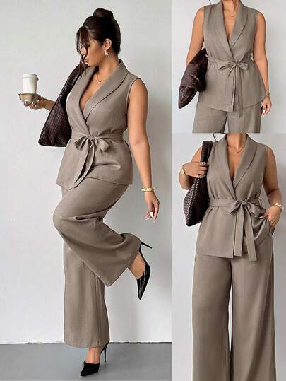 Firerie Bộ đồ 2 món thanh lịch dành cho nữ cỡ lớn, màu trơn, gồm áo vest cổ shawl và quần, màu trơn.