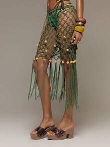 Musera Resort Open Crochet Knit Beaded Tassel Maxi Cover Up Skirt Summer Vacation Holiday Festival Rave Beach Carnival - Army Green - View 3