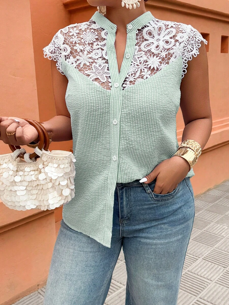 SHEIN Holidaya Plus Size Women's Spring/Summer Lace Patchwork Cap Sleeve Casual Vacation Blouse - Multicolor - View 1