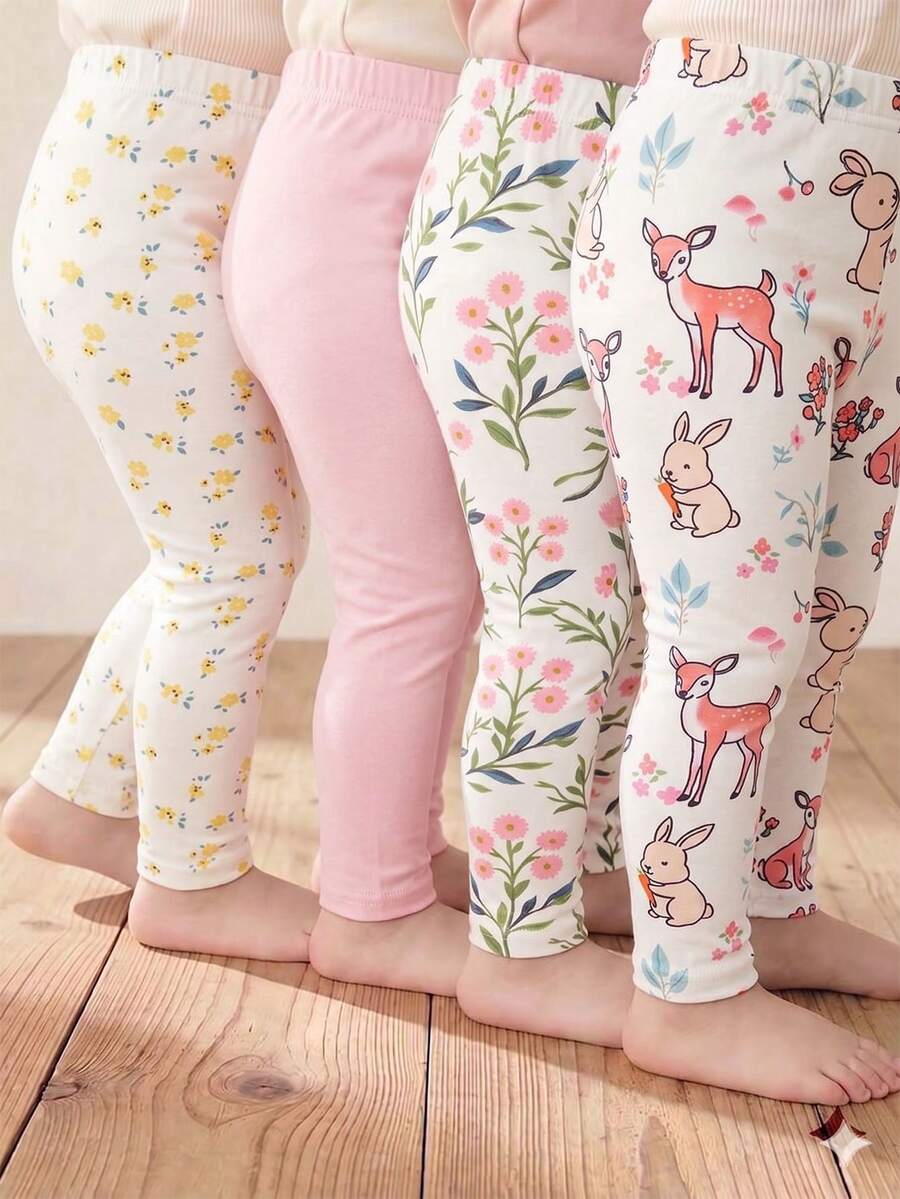 SHEIN 4件套女婴休闲百搭复古碎花、小碎花、动物园图案、纯粉色打底裤,面料柔软,物超所值,适合春夏室内外玩耍 - 彩色 - 查看 1