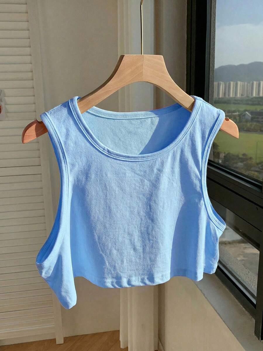 Comfortcana Women's Solid Blue Cropped Tank Top, Summer - Blue - View 1