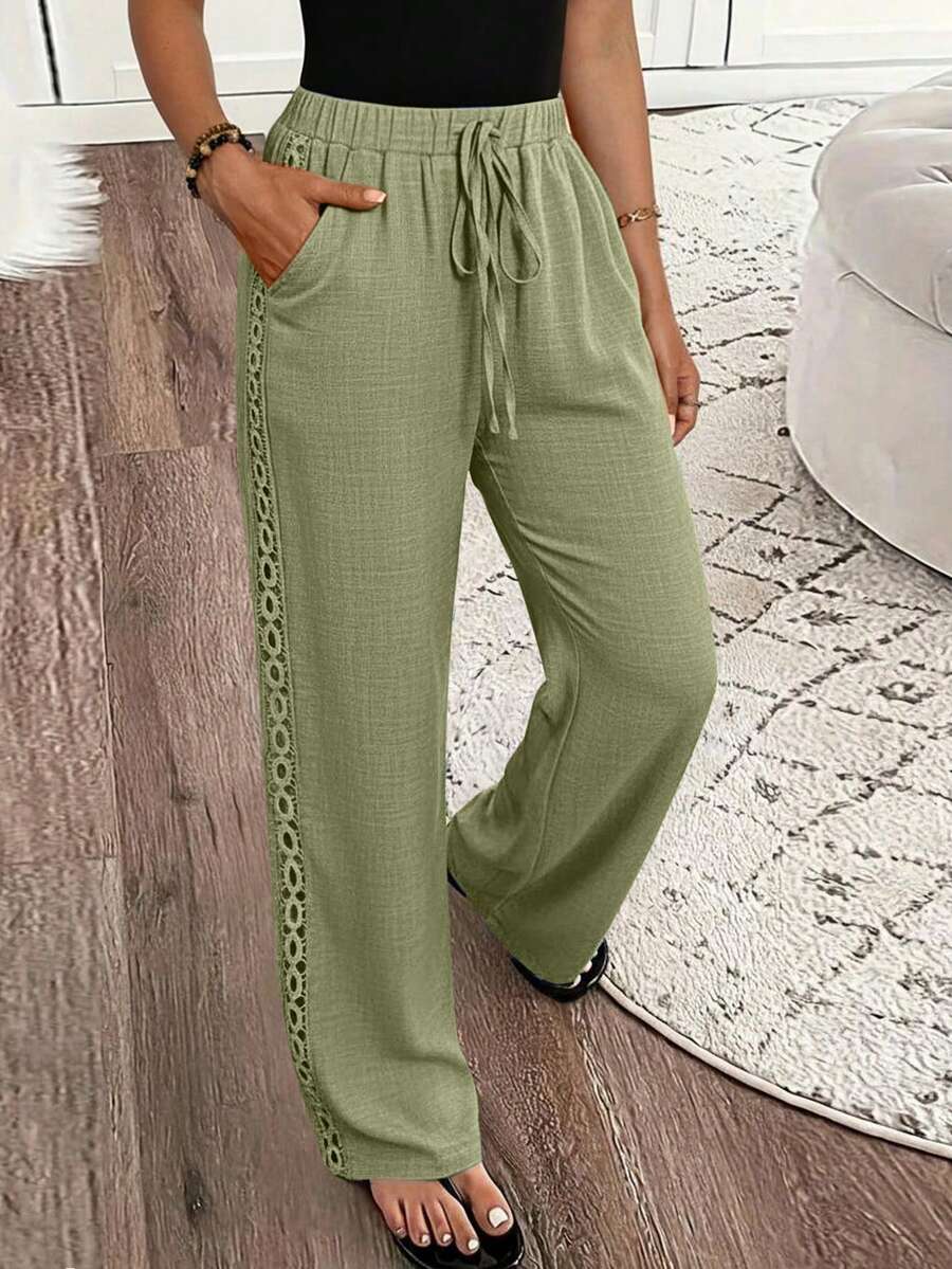 EMERY ROSE Women's Denim Effect Linen Floral Trim Side Pants - Olive Green - View 1