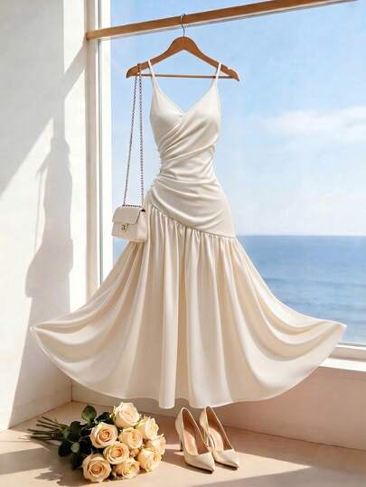SHEIN Franclia 女士度假纯色垂褶裹身优雅吊带连衣裙