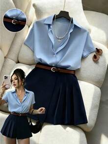 SHEIN Franclia Bộ đồ nữ mùa hè, kiểu dáng thường ngày/công sở, màu trơn, tay ngắn và chân váy xếp ly có thắt lưng. - Màu xanh lam - Xem 1
