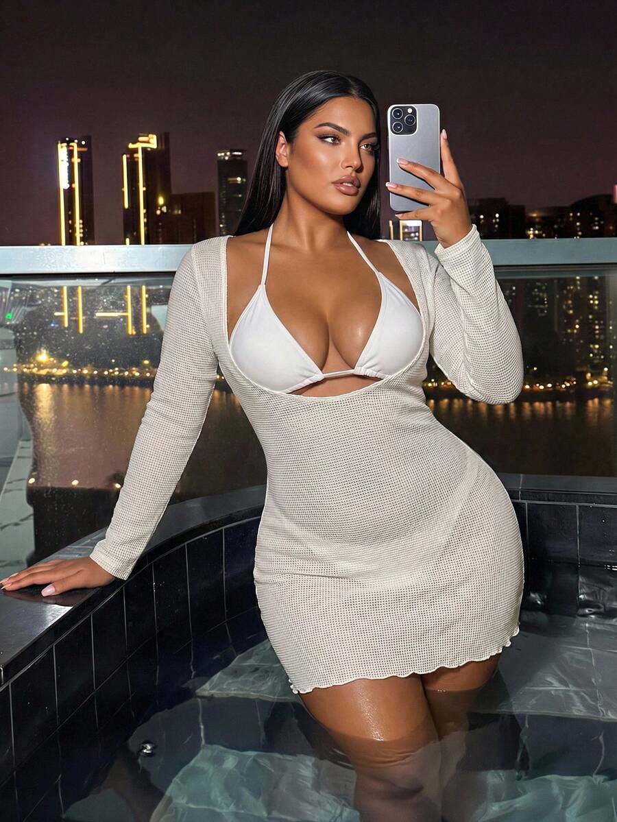 Swim SXY Plus Size Solid Color Round Neck Cover-Up Dress (Swimsuit Set Not Included) - White - View 1