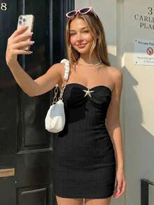 SHEIN 少女休闲度假黑色纹理针织扭结前襟金属海星装饰修身迷你连衣裙，海滩度假夏季服装 - 黑色 - 查看 3