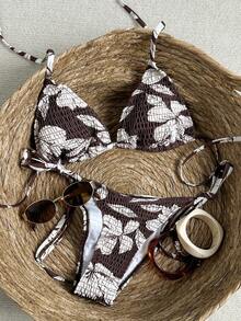 Swim Mod 女士挂脖印花比基尼套装，两件套泳装，适合海滩、海岛、泳池派对，甜美风格，春夏款 - 咖啡棕 - 查看 2